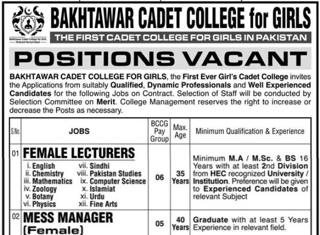 Latest Jobs 2024 Bakhtawar Cadet College